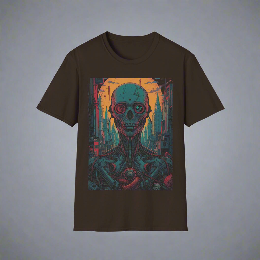 Black t-shirt with a colorful skull design