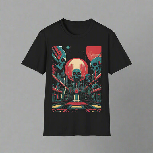 Black t-shirt with a colorful graphic design featuring skulls and architecture